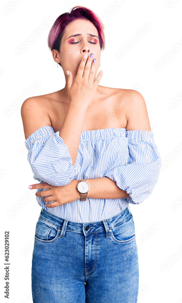 Young beautiful woman with pink hair wearing casual clothes bored yawning tired covering mouth with hand. restless and sleepiness. Young beautiful woman with pink hair wearing casual clothes bored yawning tired covering mouth with hand. restless and sleepiness.