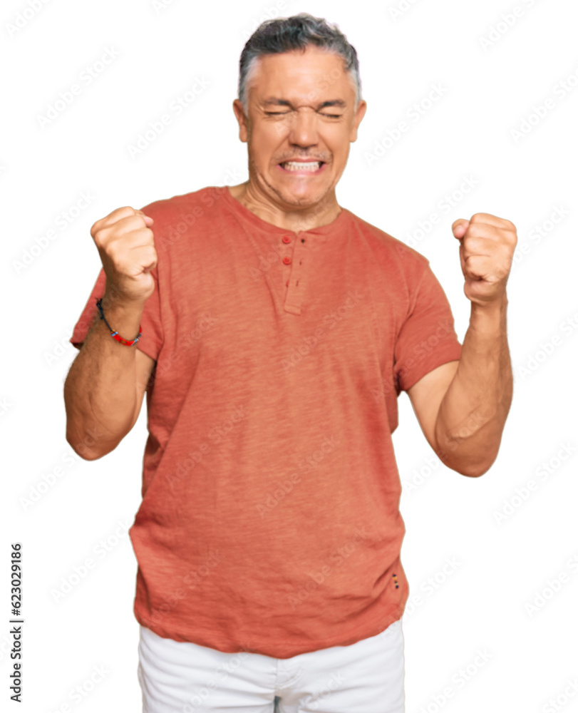 Handsome middle age man wearing casual clothes very happy and excited doing winner gesture with arms raised, smiling and screaming for success. celebration concept. Handsome middle age man wearing casual clothes very happy and excited doing winner gesture with arms raised, smiling and screaming for success. celebration concept.