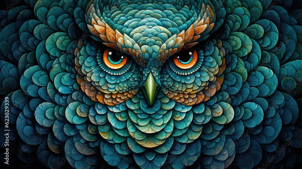 Obraz premium Artistic carved stone pebble mosaic art of an owl bird with captivating eyes, stacked and arranged in concentric circle patterns with detailed ornate textured complexity - generative AI