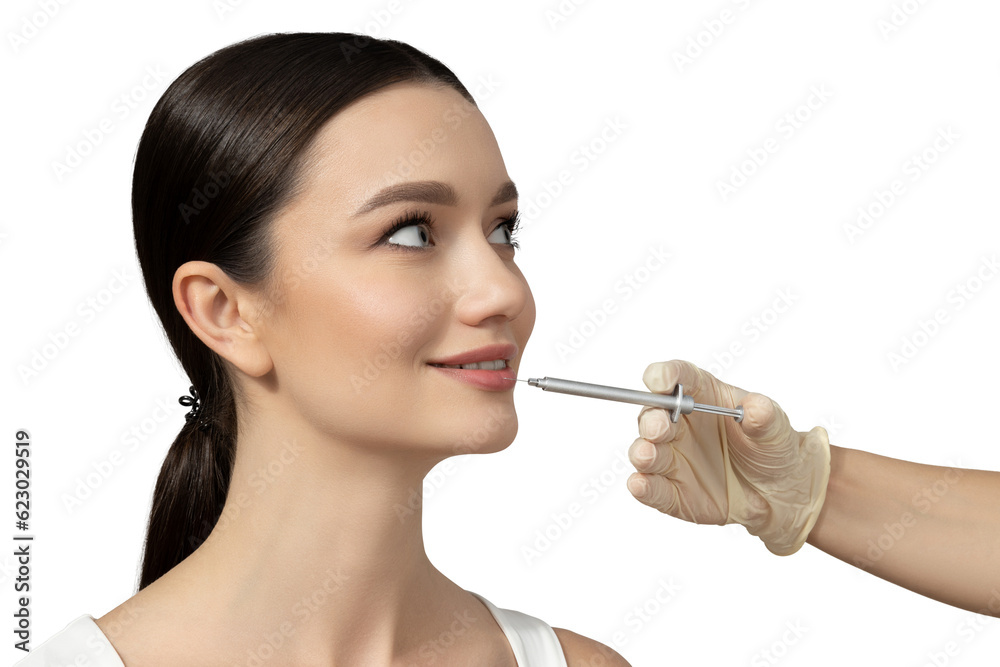 PNG, Girl getting botox injection, isolated on white background PNG, Girl getting botox injection, isolated on white background