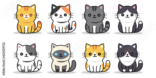 A Collection of Cute cats with various patterns and character simple, Mascots Set, Doodle,  Cartoon, Style, and Hand drawn with flat design, Cat Day, and vector illustration