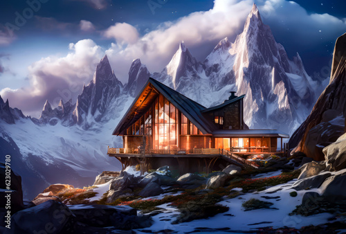 a design of a mountain cabin filled with rocks in snow