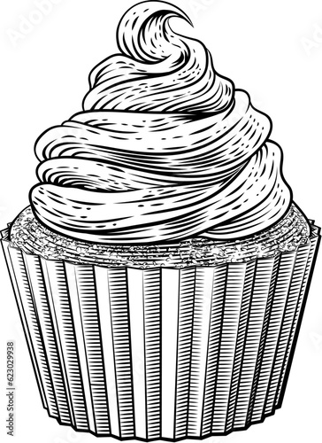 A cup cake or cupcake muffin with cream frosting in a vintage woodcut style