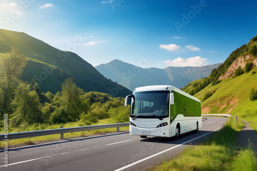 White travel bus on a beautiful highway. AI generated © tiena