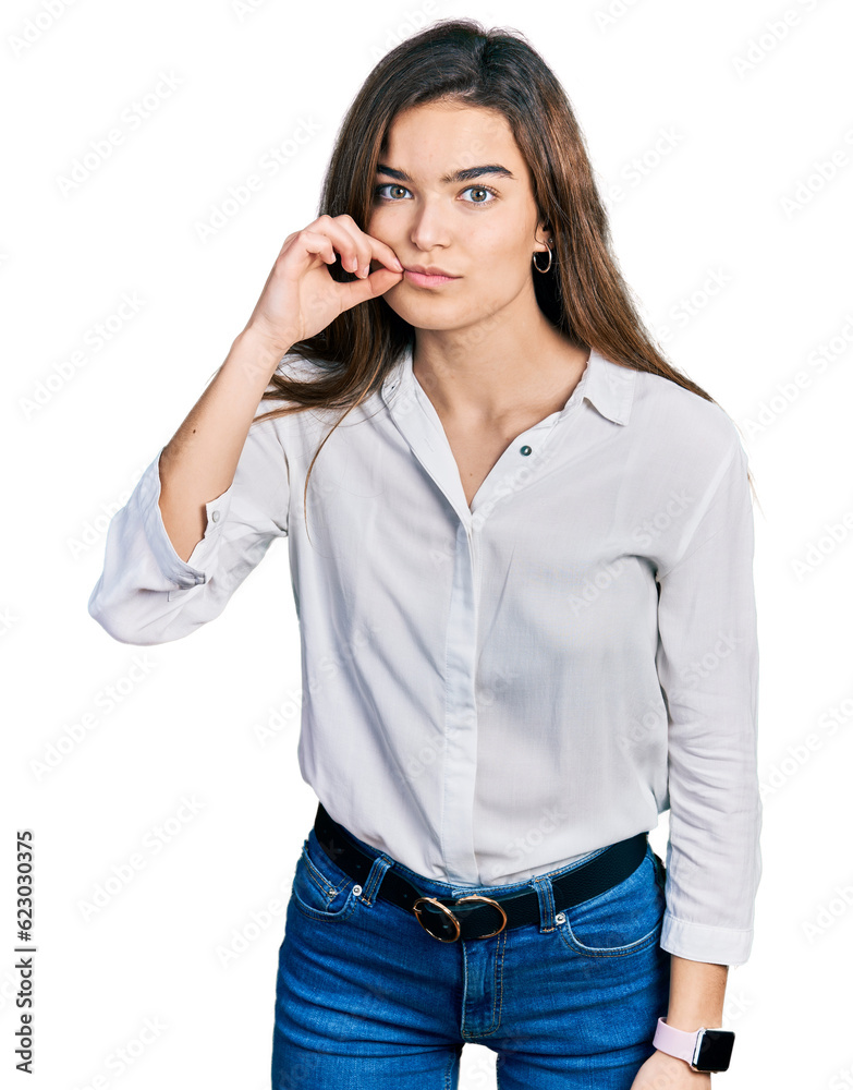 Young caucasian girl wearing casual white shirt mouth and lips shut as zip with fingers. secret and silent, taboo talking Young caucasian girl wearing casual white shirt mouth and lips shut as zip with fingers. secret and silent, taboo talking