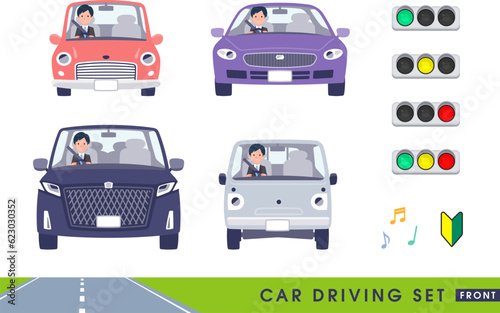 車を運転するビジネス男性のセット。正面向き