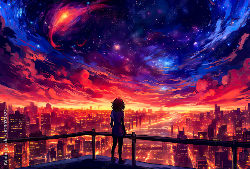 Fototapeta premium a scene of the night sky with a gLooking at the city behind a fence, painting and anime styleirl