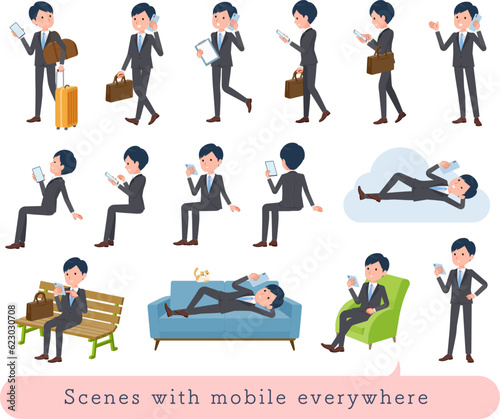色々なシーンでスマホを使うビジネス男性のセット