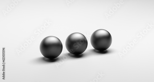Black balls, matte metallic spheres on a white background. 3 balls abstraction, concept, wallpaper.Minimalistic abstraction with spheres, round balls. 3D render