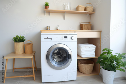 White washing machine in a laundry room. AI generated