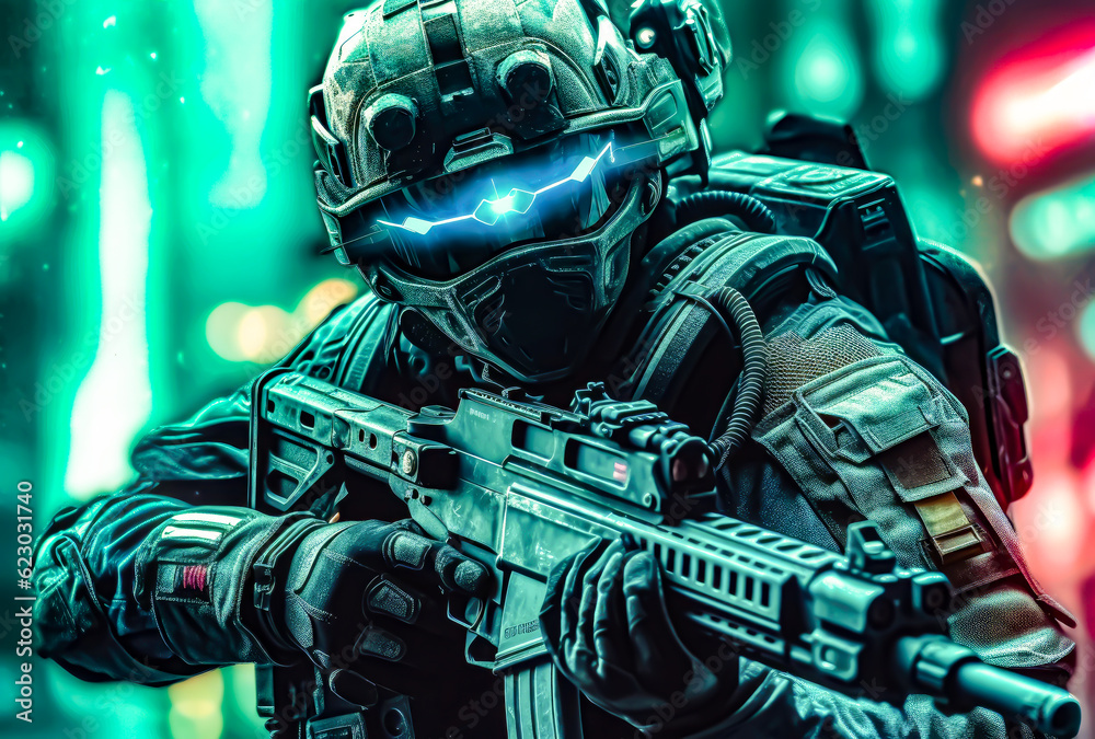 a soldier wears a dark helmet and carries a gun, close up a soldier wears a dark helmet and carries a gun, close up