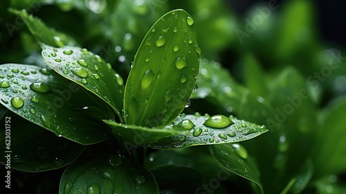 green leaves up close and are covered with water drops