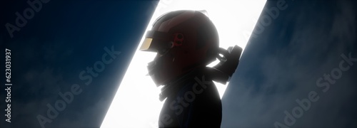 Silhouette portrait of modern race car pilot posing against bright light