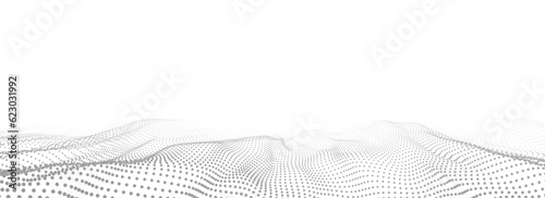 Vector wave with motion dots. Abstract digital background. Concept connection big data. Futuristic technology backdrop. 3D rendering.