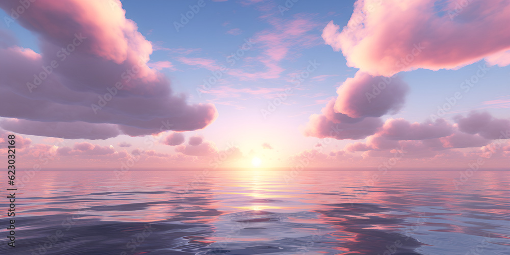 Pink sunset over the ocean with a few clouds in the distance on a summer day