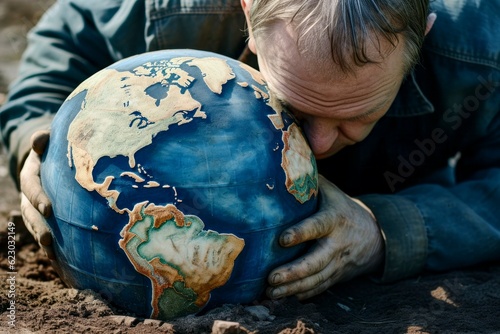 Save the Planet  Man Crying  Clutching a Globe