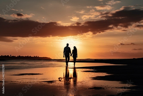 Silhouette of a Couple Walking by the Sea at Sunset: Romantic Beach Stroll