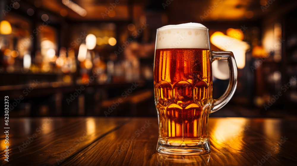 Glass of beer on wooden table in pub, bar counter with blurred background Glass of beer on wooden table in pub, bar counter with blurred background