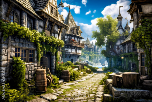 a street with houses in a medieval fantasy style
