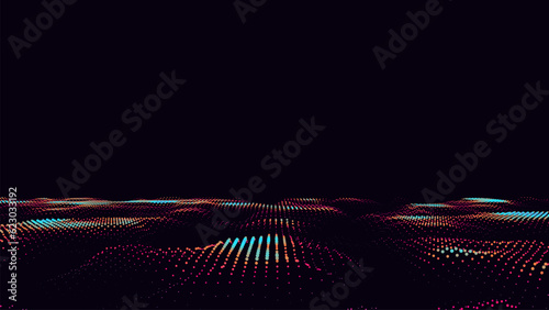 Colorful wave with motion dots. Vector abstract digital background. Concept connection big data. Futuristic technology backdrop.
