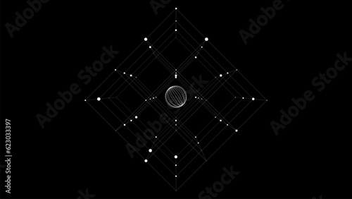 Abstract sci-fi cube with particle and line and sphere inside. Vector technology network connection on world. Global digital connections ai. Wireframe cube. Blockchain encryption.