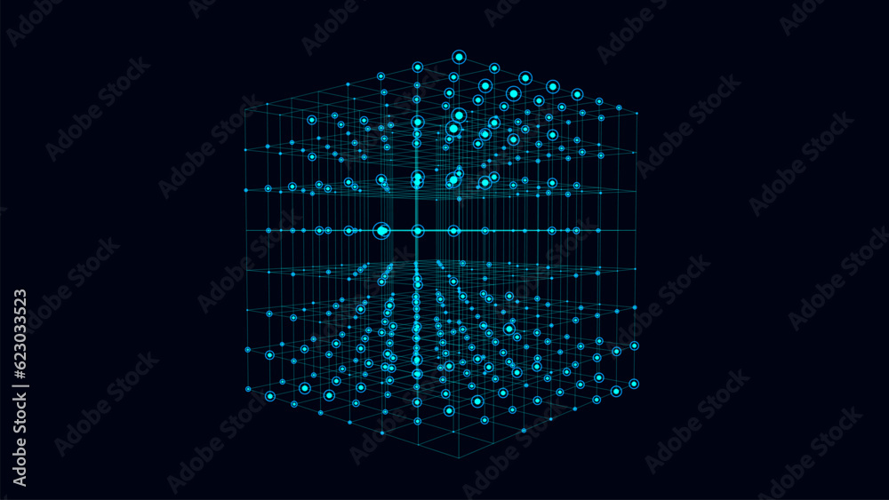 Abstract sci-fi cube with particle and line. Vector technology network connection on world. Global digital connections ai. Wireframe cube. Blockchain encryption. - obrazy, fototapety, plakaty 