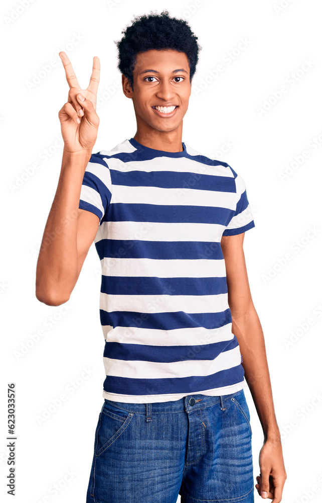 Young african american man wearing casual clothes showing and pointing up with fingers number two while smiling confident and happy.