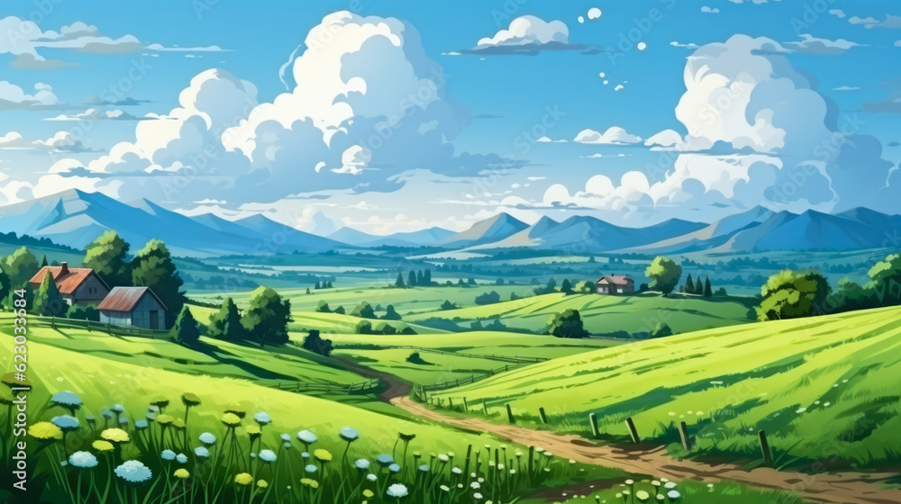 Beautiful summer landscape with meadow and village. Digital painting.