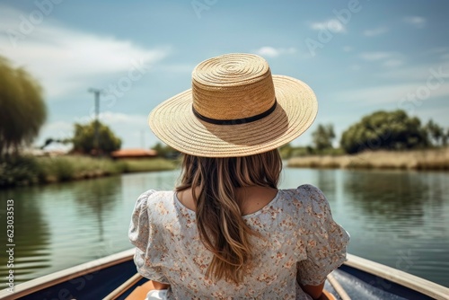 Serene Retreat: Rear View of a Relaxing Young Woman in Straw Hat