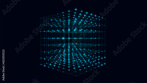 Fototapeta Naklejka Na Ścianę i Meble -  Abstract sci-fi cube with particle and line. Vector technology network connection on world. Global digital connections ai. Wireframe cube. Blockchain encryption.