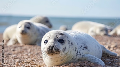 Cute baby seals lounge on the golden sands, their round bodies and big, soulful eyes melting hearts. Generated by AI. © Татьяна Лобачова