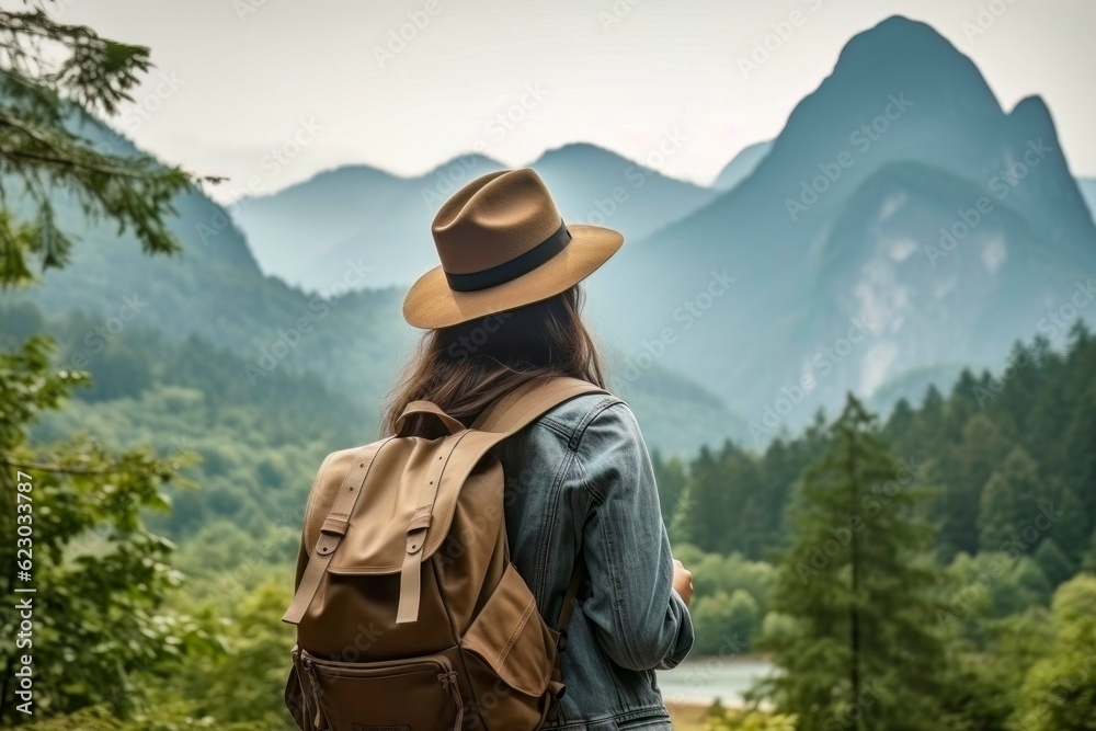 Wanderlust Journey: Adventurous Woman Traveler with Backpack and Hat