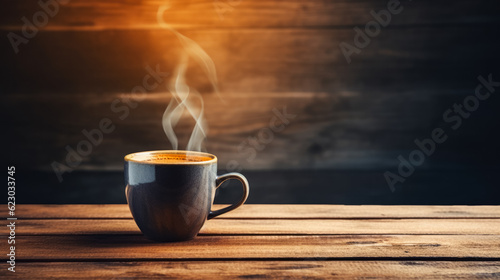 Coffee cup on wooden table with bokeh background.