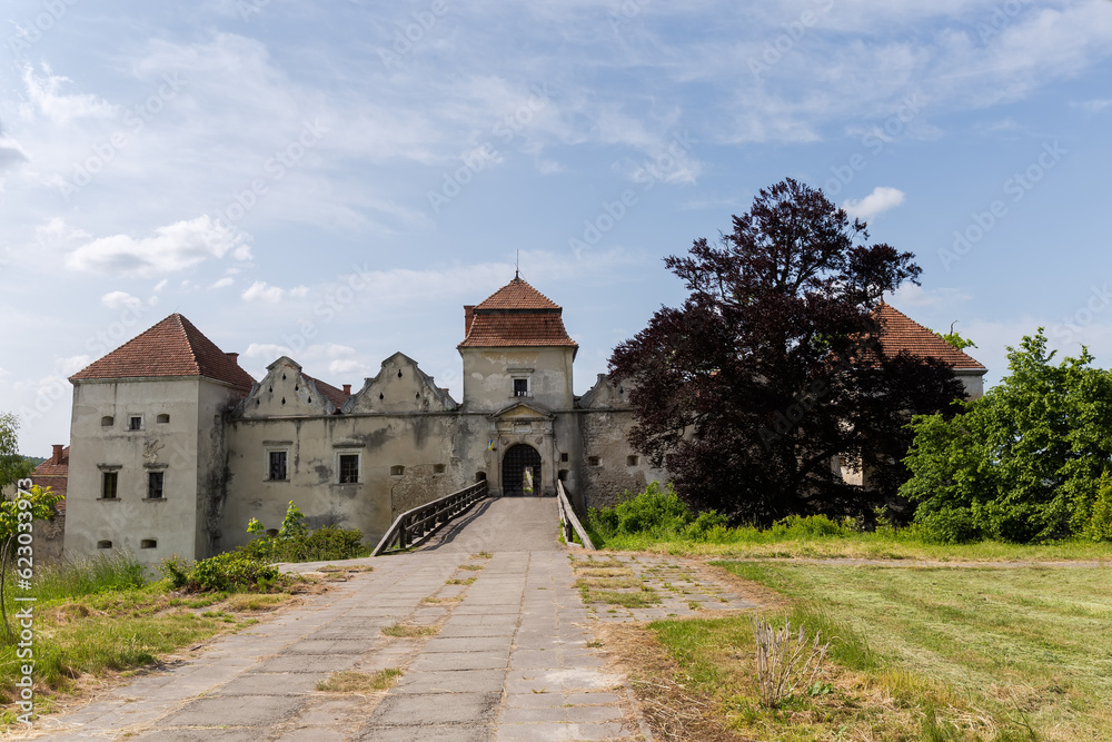 Ancient castle from the main entrance in Svirzh village, Ukraine