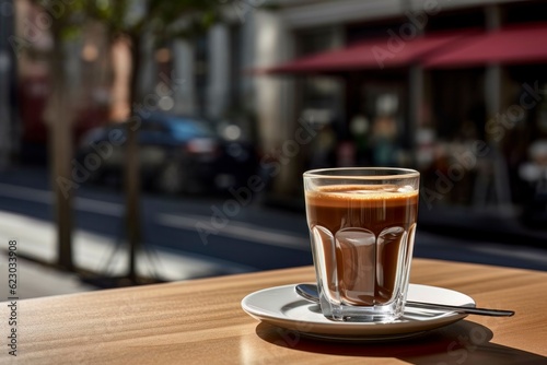 Cappuccino Glass on Bar Table Overlooking City Street