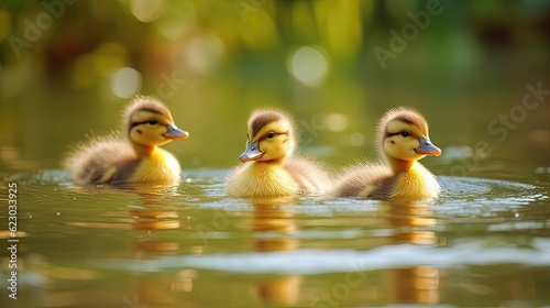 Fluffy baby ducks as they paddle around in the water. These adorable little creatures display their innate swimming skills, gracefully gliding across ponds and puddles. Generated by AI.