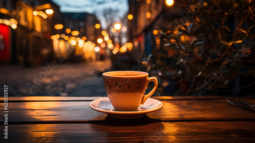 Cup of coffee on a wooden table in the evening city.