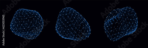 Abstract black sci-fi sphere with particles and lines. Technology network connection on world. Futuristic vector illustration. Global digital connections ai. 3D wireframe geometric sphere.