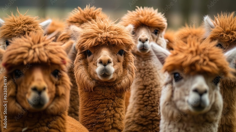 Furry alpacas, the epitome of cuteness with their soft, plush coats and big, expressive eyes. These gentle and sociable creatures capture hearts with their charming appearance. Generated by AI.