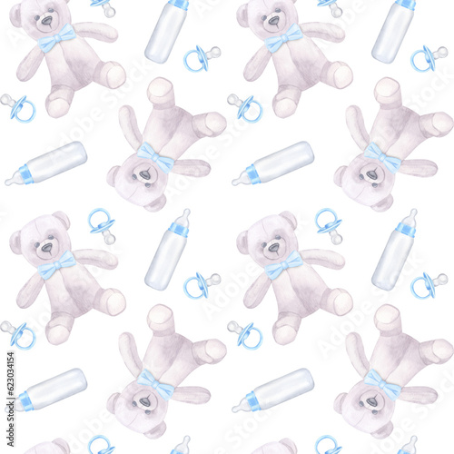 Seamless pattern baby boy blue pacifier dummy, milk bottle, Teddy bear. Hand drawn watercolor illustration isolated on white background. Collection to newborn, baby shower