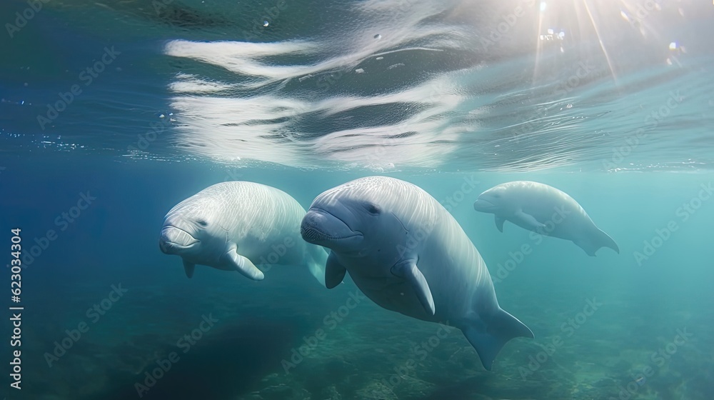 Naklejka premium Beluga whales gracefully swimming in the ocean's embrace. These majestic creatures, with their pristine white color and unique rounded heads. Generated by AI.