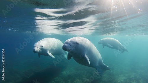 Beluga whales gracefully swimming in the ocean's embrace. These majestic creatures, with their pristine white color and unique rounded heads. Generated by AI.