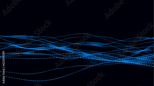 Vector abstract moving DNA wave with dots and lines. Concept network connection system data. Music sound background. Genetic biotechnology and artificial intelligence..