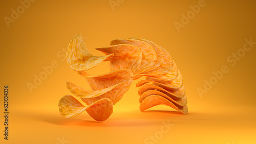 3D render potato chips fried on orange background.