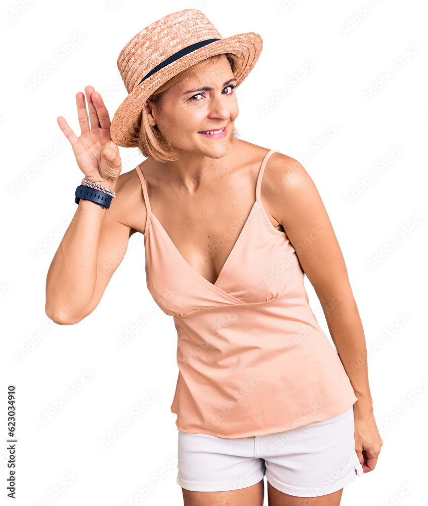 Young blonde woman wearing summer hat smiling with hand over ear listening an hearing to rumor or gossip. deafness concept. Young blonde woman wearing summer hat smiling with hand over ear listening an hearing to rumor or gossip. deafness concept.