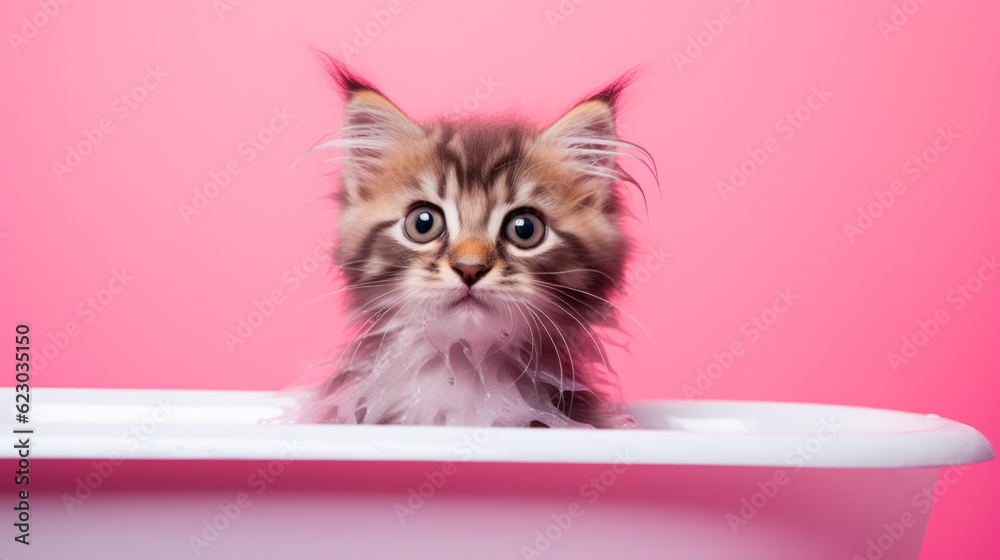 Cat is bathing on pink background, copy space Cat is bathing on pink background, copy space