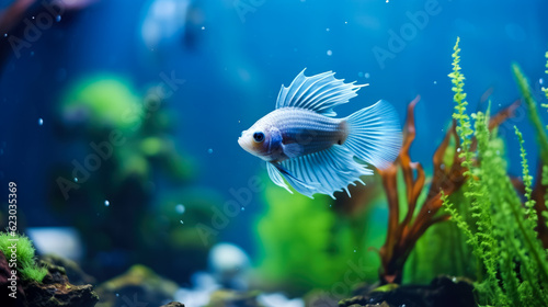 Tropical fish in an aquarium with green plants and water. Background and copy space