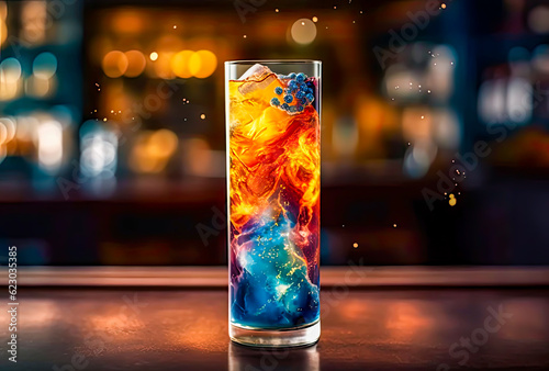 a colorful drink in a tall glass on the bar, blurred background