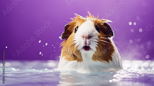  Guinea Pig is bathing isolated on purple background with copy space