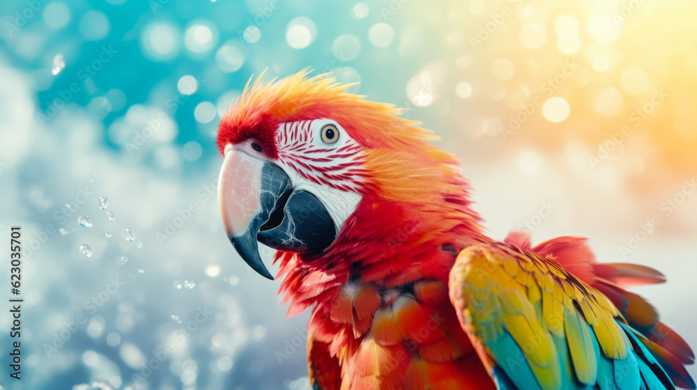 Obraz premium Colorful macaw parrot on colorful background with copy space.